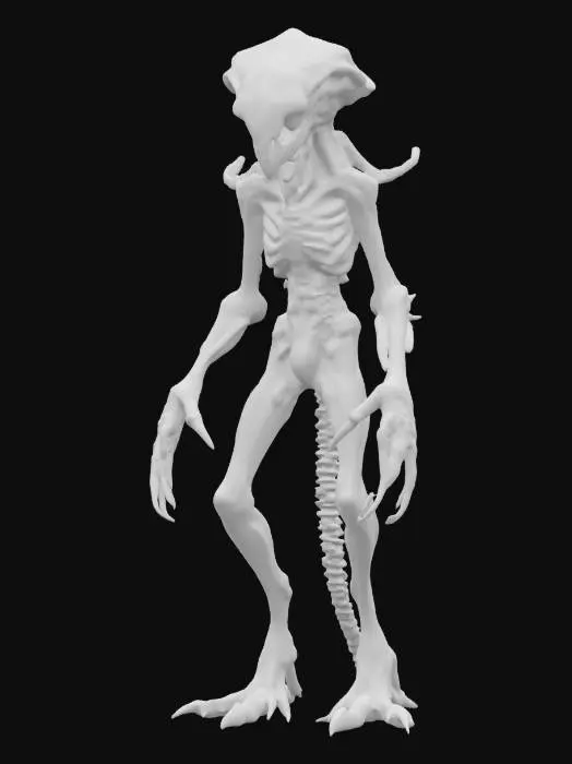 3D model for unknown entity from distant space, intelligent entity of non-humanoid appearance, long limbs ending in claws, main sensory organs on some kind of head, pleasing to the eye, extremely detailed, high-resolution sharp texture, hyper-realistic, epic stance