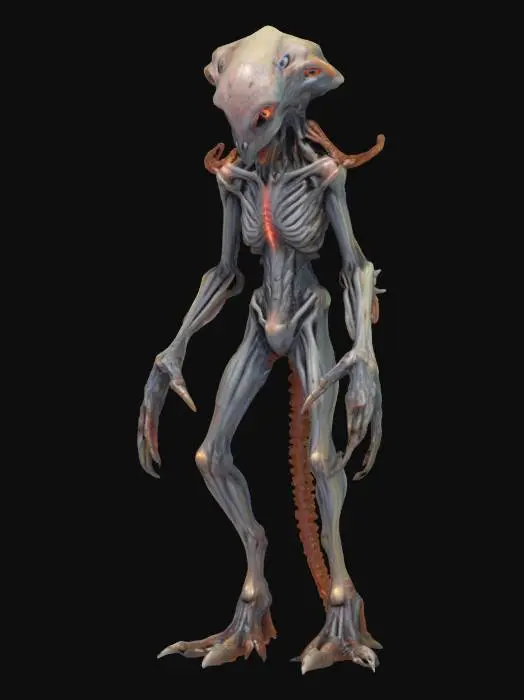 3D model for unknown entity from distant space, intelligent entity of non-humanoid appearance, long limbs ending in claws, main sensory organs on some kind of head, pleasing to the eye, extremely detailed, high-resolution sharp texture, hyper-realistic, epic stance