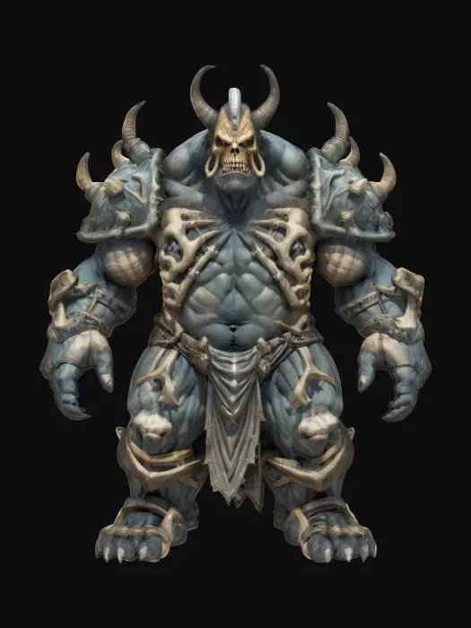 3D model for fantasy mysterious monstrous giant, stocky muscular body, armor made of bones on the body, detailed menacing face, extremely detailed high resolution texture, ultrarealistic, epic stance