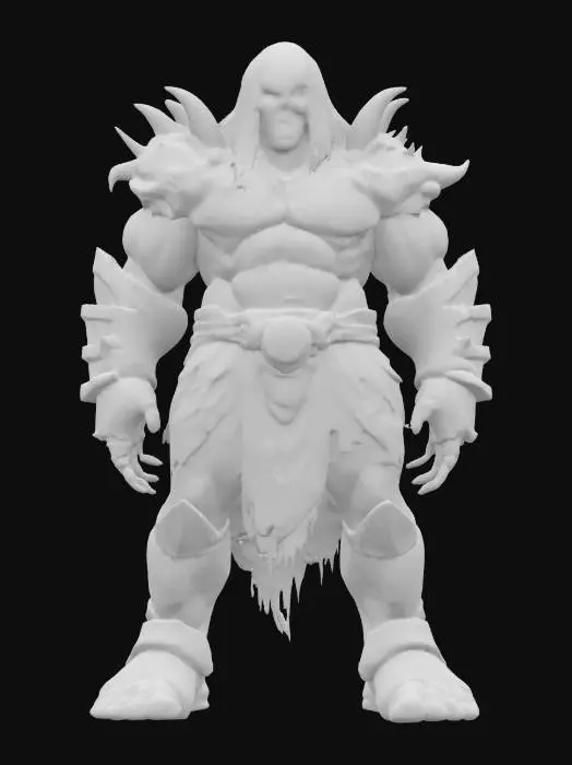 3D model for fantasy mysterious monstrous giant, stocky muscular body, armor made of bones on the body, detailed menacing face, extremely detailed high resolution texture, ultrarealistic, epic stance