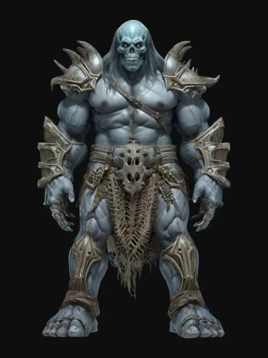 3D model for fantasy mysterious monstrous giant, stocky muscular body, armor made of bones on the body, detailed menacing face, extremely detailed high resolution texture, ultrarealistic, epic stance