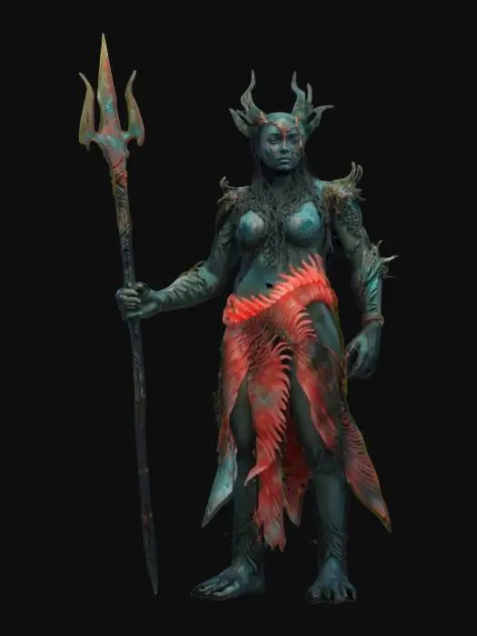 3D model for fantasy ancient deep-sea guardian, draped in kelp and coral, her skin shimmers like wet obsidian, and translucent fins extend from her arms, she carries a trident forged from abyssal bone, that swirl around her in silence, extremely detailed, hyperrealistic texture, epic stance, #ocean#