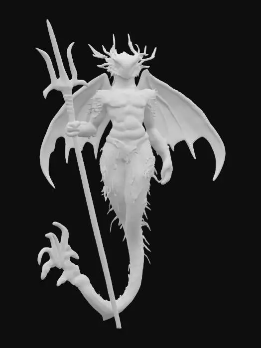 3D model for fantasy ancient deep-sea guardian, draped in kelp and coral, her skin shimmers like wet obsidian, and translucent fins extend from her arms, she carries a trident forged from abyssal bone, that swirl around her in silence, extremely detailed, hyperrealistic texture, epic stance, #ocean#