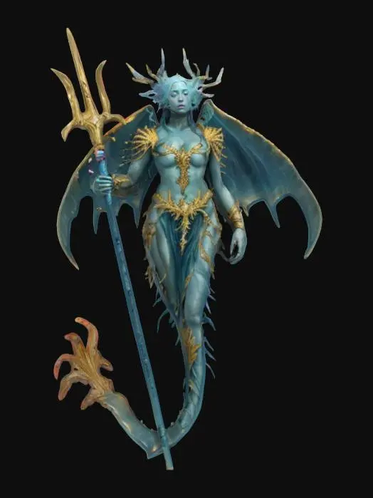 3D model for fantasy ancient deep-sea guardian, draped in kelp and coral, her skin shimmers like wet obsidian, and translucent fins extend from her arms, she carries a trident forged from abyssal bone, that swirl around her in silence, extremely detailed, hyperrealistic texture, epic stance, #ocean#