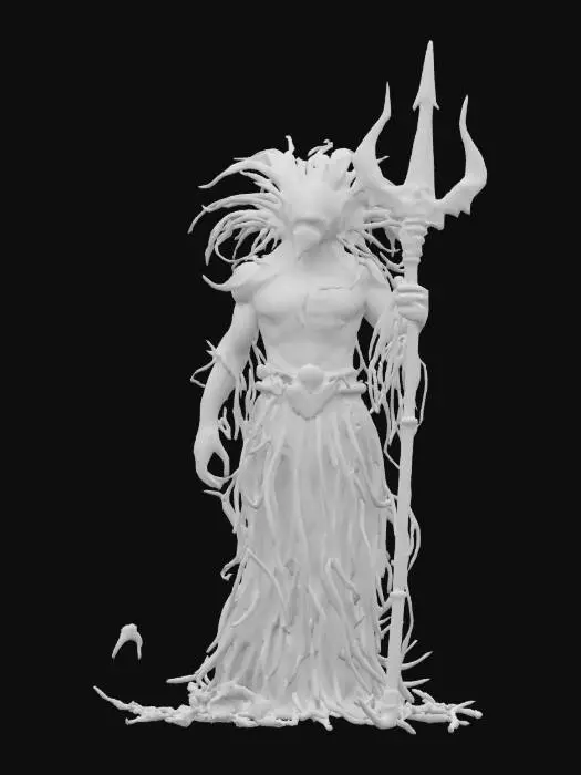 3D model for fantasy ancient deep-sea guardian, draped in kelp and coral, her skin shimmers like wet obsidian, and translucent fins extend from her arms, she carries a trident forged from abyssal bone, that swirl around her in silence, extremely detailed, hyperrealistic texture, epic stance, #ocean#