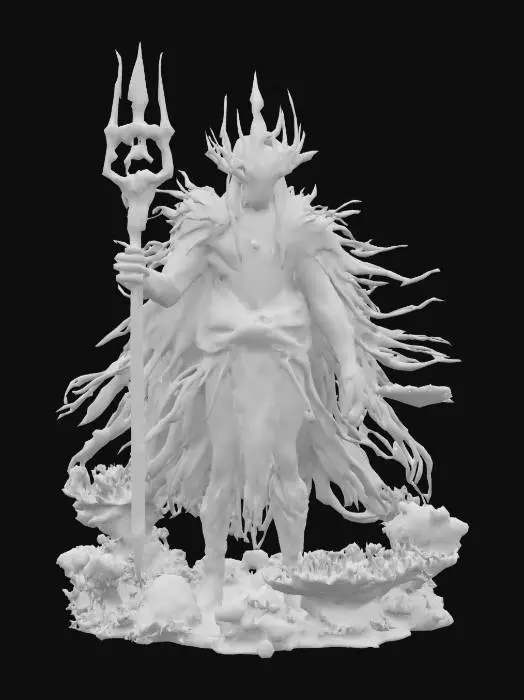 3D model for fantasy ancient deep-sea guardian, draped in kelp and coral, her skin shimmers like wet obsidian, and translucent fins extend from her arms, she carries a trident forged from abyssal bone, that swirl around her in silence, extremely detailed, hyperrealistic texture, epic stance, #ocean#