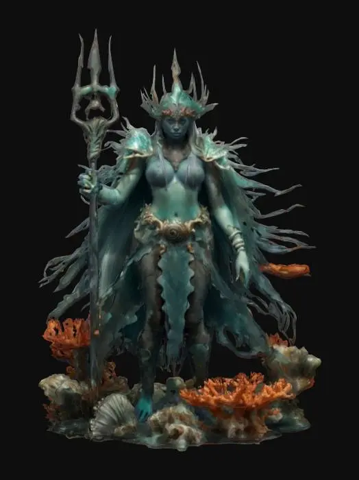 3D model for fantasy ancient deep-sea guardian, draped in kelp and coral, her skin shimmers like wet obsidian, and translucent fins extend from her arms, she carries a trident forged from abyssal bone, that swirl around her in silence, extremely detailed, hyperrealistic texture, epic stance, #ocean#