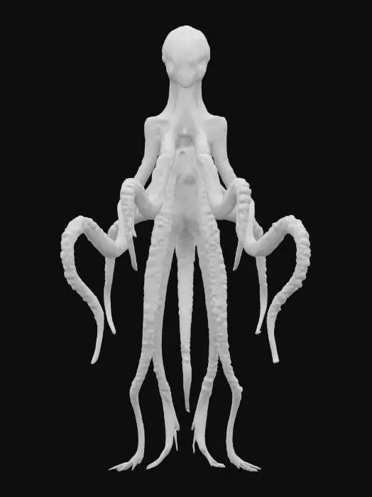 3D model for unknown entity from distant space, intelligent appearance of non-humanoid appearance, long tentacles instead of individual limbs ending in grips, main sensory organs on some kind of head, pleasing to the eye, extremely detailed, high sharp resolution texture, hyperrealistic, epic stance
