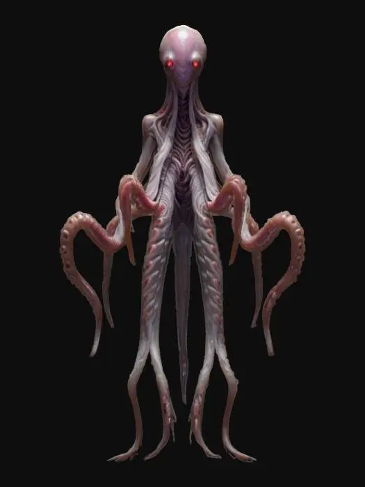 3D model for unknown entity from distant space, intelligent appearance of non-humanoid appearance, long tentacles instead of individual limbs ending in grips, main sensory organs on some kind of head, pleasing to the eye, extremely detailed, high sharp resolution texture, hyperrealistic, epic stance