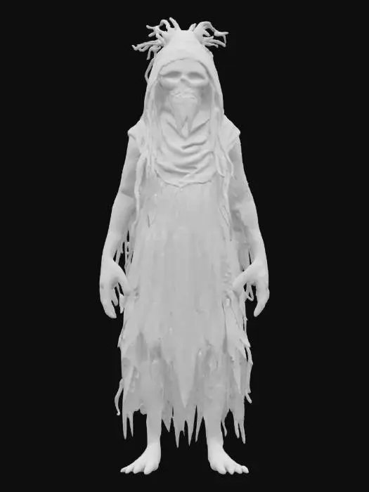 3D model for A veiled dweller of the twilight reef. Her face is never seen—only a porcelain detailed mask, cracked by pressure and time. Long strands of seaweed drift like hair around her form. Extremely detailed, hyperrealistic texture, epic stance, #ocean#
