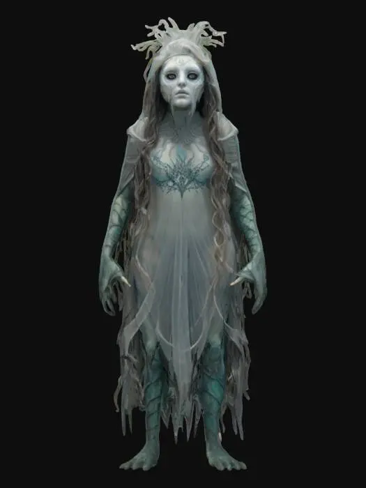 3D model for A veiled dweller of the twilight reef. Her face is never seen—only a porcelain detailed mask, cracked by pressure and time. Long strands of seaweed drift like hair around her form. Extremely detailed, hyperrealistic texture, epic stance, #ocean#