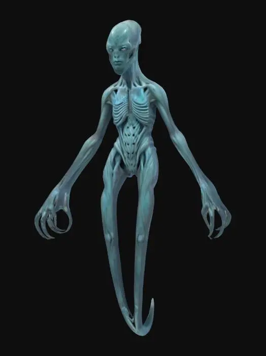 3D model for unknown entity from a distant ocean, intelligent form of non-humanoid appearance, long limbs ending in grips, main sensory organs on some kind of head, pleasing to the eye, extremely detailed, high resolution sharp texture, hyperrealistic, epic stance, #ocean#