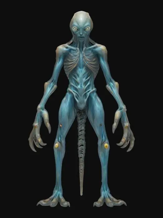 3D model for unknown entity from a distant ocean, intelligent form of non-humanoid appearance, long limbs ending in grips, main sensory organs on some kind of head, pleasing to the eye, extremely detailed, high resolution sharp texture, hyperrealistic, epic stance, #ocean#