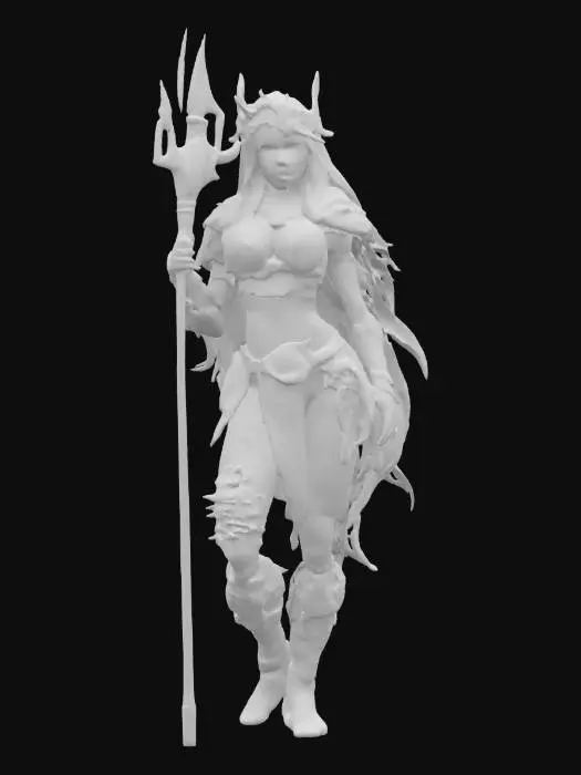 3D model for fantasy female humanoid sea warrior, graceful and strong body curves, dressed in shells, holding a naval weapon in his hand, close-up beautiful face, extremely detailed, high resolution texture, epic stance, #ocean#