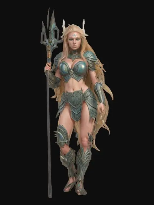 3D model for fantasy female humanoid sea warrior, graceful and strong body curves, dressed in shells, holding a naval weapon in his hand, close-up beautiful face, extremely detailed, high resolution texture, epic stance, #ocean#