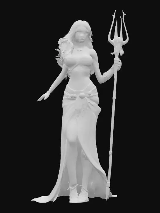 3D model for fantasy female humanoid sea warrior, graceful and strong body curves, dressed in shells, holding a naval weapon in his hand, close-up beautiful face, extremely detailed, high resolution texture, epic stance, #ocean#