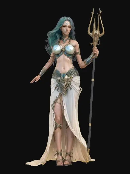 3D model for fantasy female humanoid sea warrior, graceful and strong body curves, dressed in shells, holding a naval weapon in his hand, close-up beautiful face, extremely detailed, high resolution texture, epic stance, #ocean#
