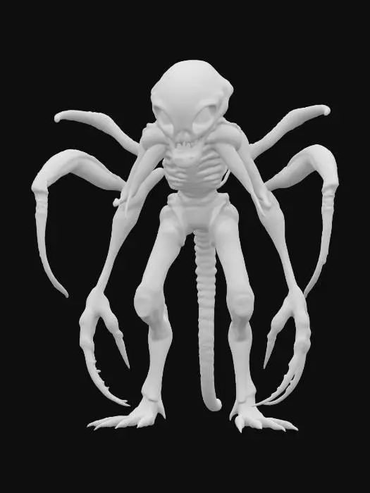 3D model for unknown entity from distant space, intelligent entity of non-humanoid appearance, long tentacles instead of individual limbs ending in grips, large smooth detailed head resembling a terrifying skull, pleasing to the eye, extremely detailed, high resolution sharp texture, hyperrealistic, epic stance