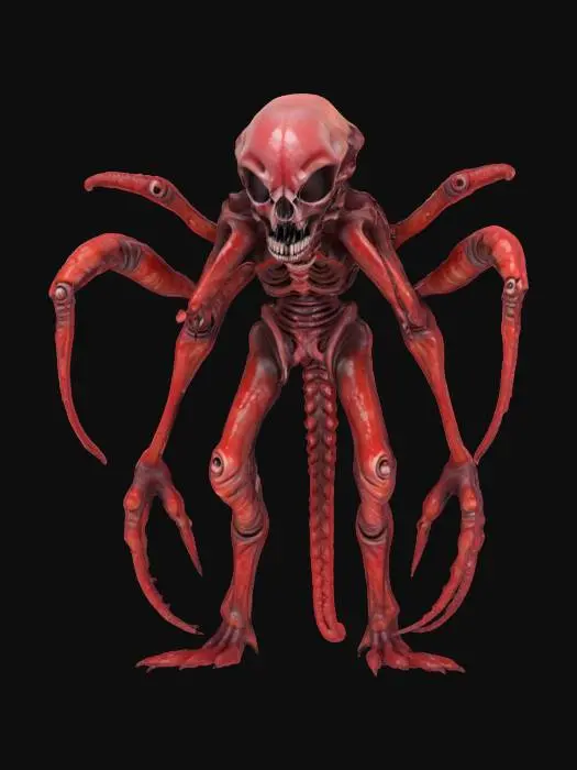 3D model for unknown entity from distant space, intelligent entity of non-humanoid appearance, long tentacles instead of individual limbs ending in grips, large smooth detailed head resembling a terrifying skull, pleasing to the eye, extremely detailed, high resolution sharp texture, hyperrealistic, epic stance