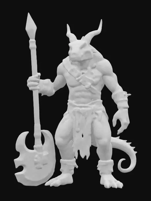 3D model for extremely detailed dragon lizard headed orc bodied warrior in a crouched position, he is in leather clothing with axe