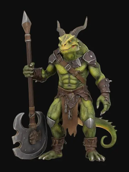 3D model for extremely detailed dragon lizard headed orc bodied warrior in a crouched position, he is in leather clothing with axe