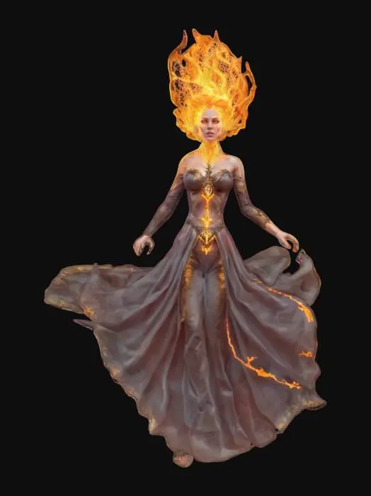 3D model for fantasy woman witch fire enchantress levitating, extremely detailed, hyperrealistic texture, epic stance