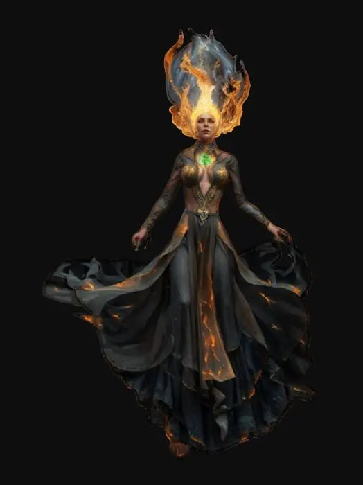 3D model for fantasy woman witch fire enchantress levitating, extremely detailed, hyperrealistic texture, epic stance