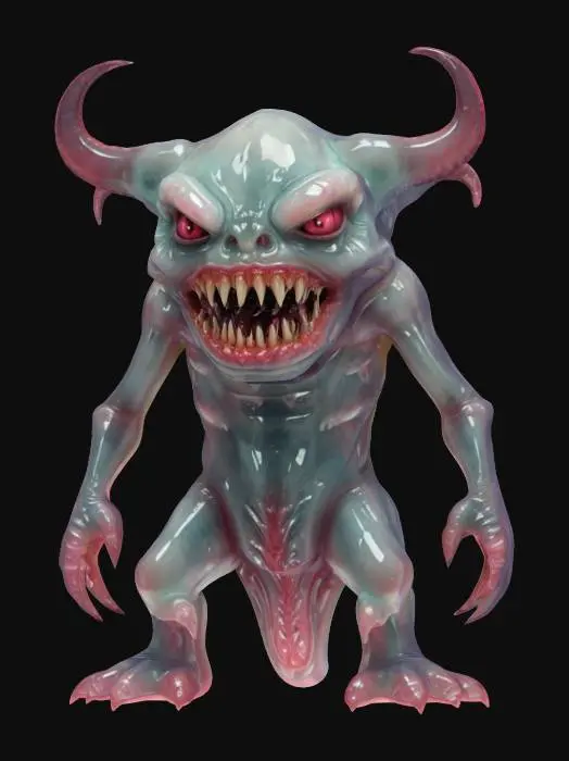 3D model for fantasy demonic pile of transparent slime, shapeless gelatinous liquid body, scary expression with a large mouth, extremely detailed, high sharp resolution texture, hyperrealistic, epic stance