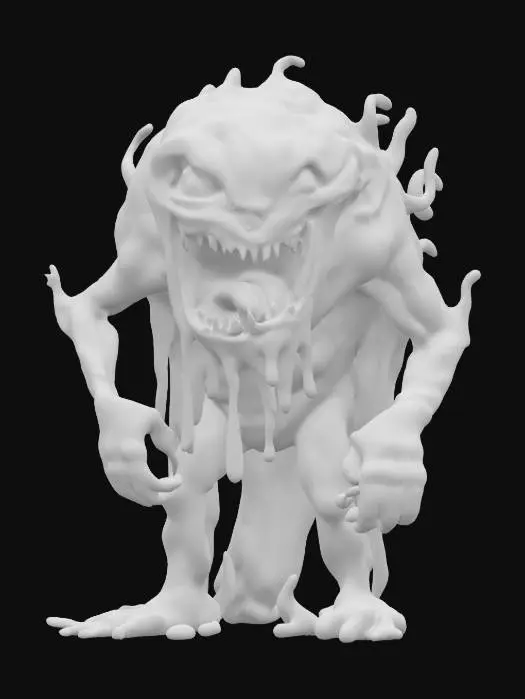 3D model for fantasy demonic pile of transparent slime, shapeless gelatinous liquid body, scary expression with a large mouth, extremely detailed, high sharp resolution texture, hyperrealistic, epic stance