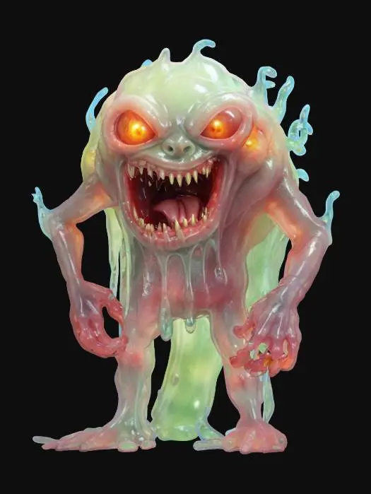 3D model for fantasy demonic pile of transparent slime, shapeless gelatinous liquid body, scary expression with a large mouth, extremely detailed, high sharp resolution texture, hyperrealistic, epic stance