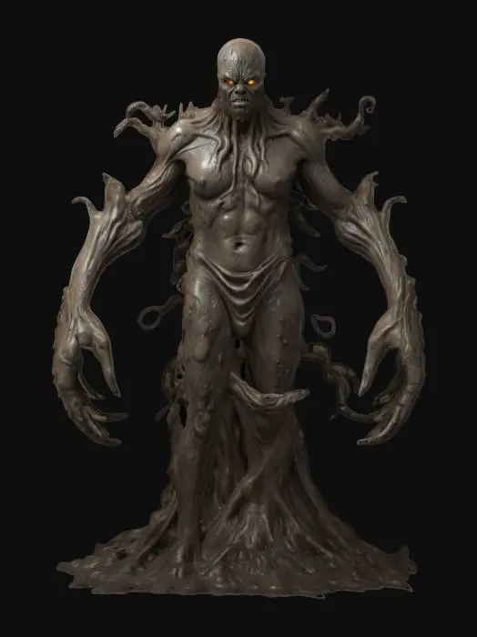 3D model for fantasy mud ghost, massive muddy body, body gradually forming from mud, elegant stance, detailed menacing face, extremely detailed, high sharp resolution texture, hyperrealistic, epic stance