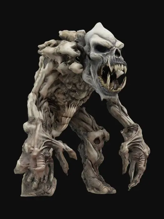 3D model for fantasy bone titan, massive body, detailed menacing face with terrifying mouth, extremely detailed, high sharp resolution texture, hyperrealistic, epic stance