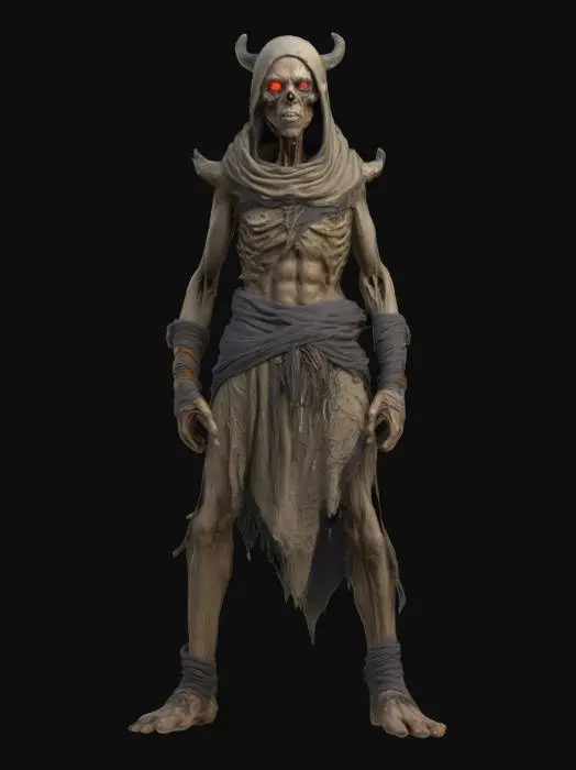 3D model for fantasy sand necromancer, old emaciated body, covered in torn clothes, detailed old face with glowing eyes, extremely detailed, high sharp resolution texture, hyperrealistic, epic stance