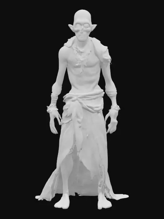 3D model for fantasy sand necromancer, old emaciated body, covered in torn clothes, detailed old face with glowing eyes, extremely detailed, high sharp resolution texture, hyperrealistic, epic stance