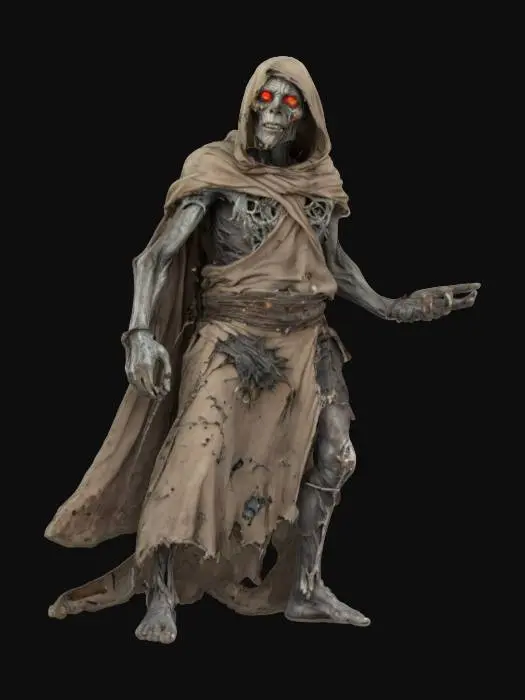 3D model for fantasy sand necromancer, old emaciated body, covered in torn clothes, detailed old face with glowing eyes, extremely detailed, high sharp resolution texture, hyperrealistic, epic stance