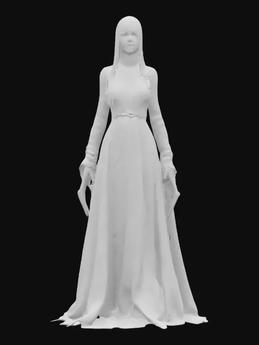 3D model for fantasy female banshee, slim elegant body, long straight hair sticking out like blades, elegant robe torn into individual shreds, hands ending in claws reaching forward, detailed nice terrifying female face, extremely detailed, high sharp resolution texture, hyper-realistic, epic stance