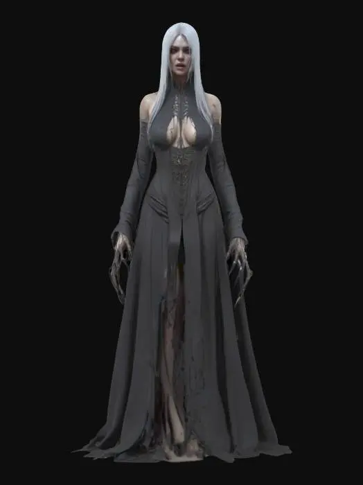 3D model for fantasy female banshee, slim elegant body, long straight hair sticking out like blades, elegant robe torn into individual shreds, hands ending in claws reaching forward, detailed nice terrifying female face, extremely detailed, high sharp resolution texture, hyper-realistic, epic stance