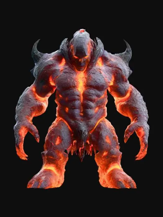 3D model for vulkan golem, liquid body, extreme scary appearance, extremely detailed, hyperrealistic, epic stance
