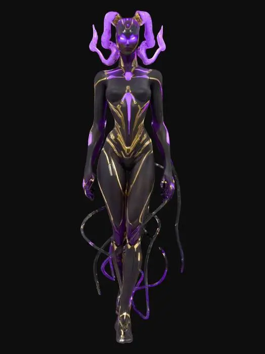 3D model for sci-fi woman cyberdemon, partly translucent bodysuit, elegant body, whole body glowing energy, very detailed nice face, extremely detailed, high sharp resolution texture, hyper realistic, epic stance