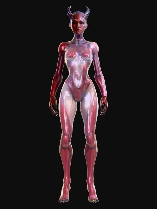 3D model for sci-fi woman cyberdemon, partly translucent bodysuit, elegant body, whole body glowing energy, very detailed nice face, extremely detailed, high sharp resolution texture, hyper realistic, epic stance