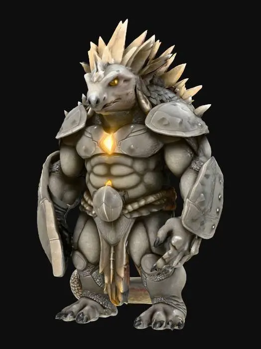 3D model for fantasy humanoid stone pangolin, massive body with stone crystals, massive paws ending in claws, head covered with a stone shield, light shining through the stone plates, extremely detailed, high resolution texture, epic stance