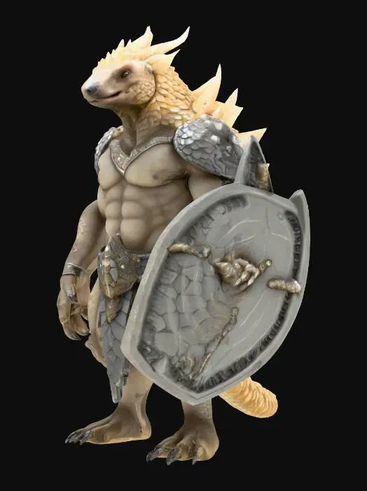 3D model for fantasy humanoid stone pangolin, massive body with stone crystals, massive paws ending in claws, head covered with a stone shield, light shining through the stone plates, extremely detailed, high resolution texture, epic stance