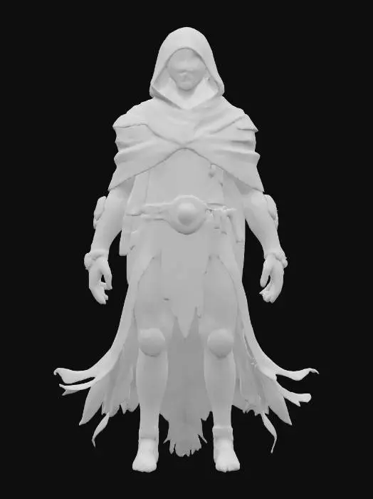 3D model for wanderer of forgotten stars, a genetically engineered being from another world, wears a mix of weathered armor and soft woven cloak draped from its shoulders, parts of the gear seem forged from metal fused with organic fibers, it floats above the ground, trailing whispering dust, its limbs are jointless, made of crystal and bone-metal, a single rune-glowing eye scans ruins and relics, extremely detailed, high sharp resolution texture, hyperrealistic, epic stance