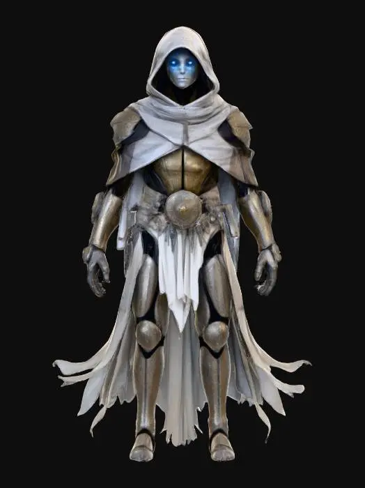 3D model for wanderer of forgotten stars, a genetically engineered being from another world, wears a mix of weathered armor and soft woven cloak draped from its shoulders, parts of the gear seem forged from metal fused with organic fibers, it floats above the ground, trailing whispering dust, its limbs are jointless, made of crystal and bone-metal, a single rune-glowing eye scans ruins and relics, extremely detailed, high sharp resolution texture, hyperrealistic, epic stance