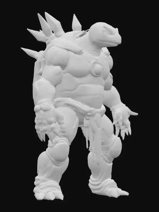 3D model for sci-fi humanoid stone electronic turtle, massive body with electronic  crystals, massive paws ending in claws, head covered with a stone shield, energy light shining through the stone plates, extremely detailed, high resolution texture, epic stance, #PBR#