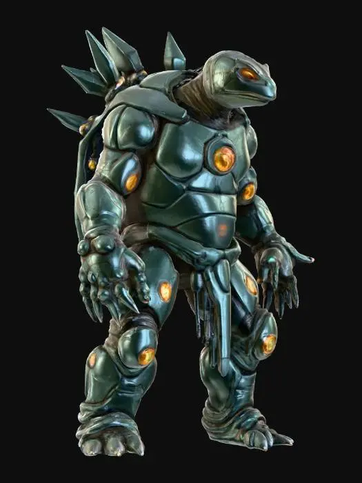 3D model for sci-fi humanoid stone electronic turtle, massive body with electronic  crystals, massive paws ending in claws, head covered with a stone shield, energy light shining through the stone plates, extremely detailed, high resolution texture, epic stance, #PBR#