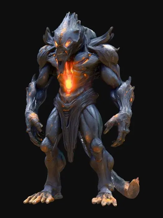 3D model for Ancient alien titan; towering, hulking posture; body made of cracked obsidian-like plates and twisted root-like structures; glowing orange core embedded in chest; molten light pulses from joints and clawed fingers; head is draconic and ridged, with no visible eyes; emits low vibration as it moves; born from the core of a dead world; radiates heat and ancient power; extremely detailed; high sharp resolution texture; hyperrealistic; epic stance