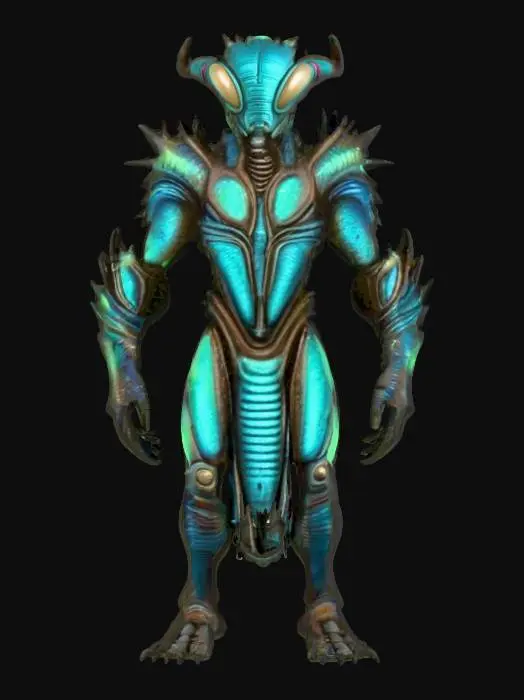 3D model for Ancient alien titan; towering, hulking posture; body made of cracked obsidian-like plates and twisted root-like structures; glowing orange core embedded in chest; molten light pulses from joints and clawed fingers; head is draconic and ridged, with no visible eyes; emits low vibration as it moves; born from the core of a dead world; radiates heat and ancient power; extremely detailed; high sharp resolution texture; hyperrealistic; epic stance