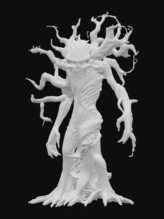 3D model for fantasy tree humanoid monster, body masive coiled from branches, many long branchy tendrils grow from the body like spider tentacles, head in the shape of the skull of an extinct monster, body covered with moss and lichen, detailed scary face with glowing eyes, extremely detailed, high sharp resolution texture, hyperresolution, epic stance