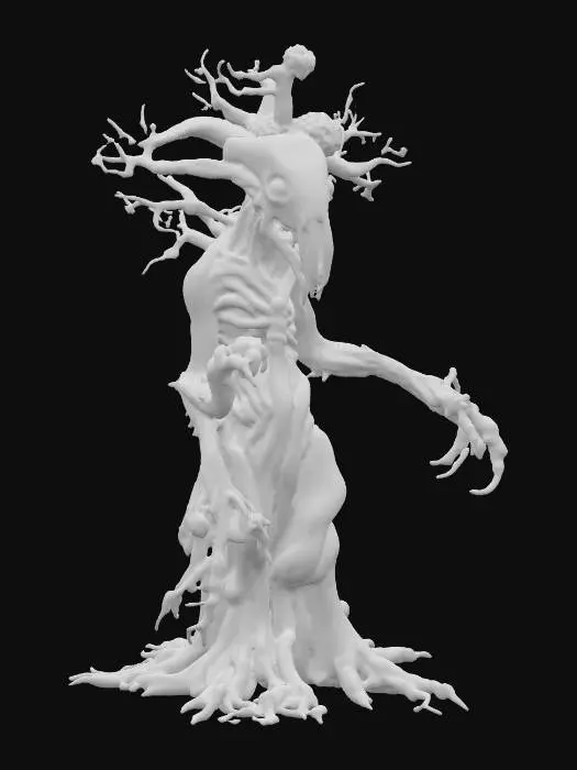 3D model for fantasy tree humanoid monster, body masive coiled from branches, many long branchy tendrils grow from the body like spider tentacles, head in the shape of the skull of an extinct monster, body covered with moss and lichen, detailed scary face with glowing eyes, extremely detailed, high sharp resolution texture, hyperresolution, epic stance